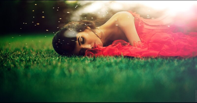Woman in Red Dress — Serene, Afternoon, Photograph, Grass, Light