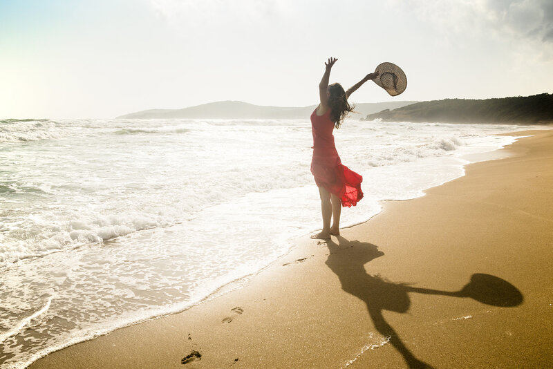 Woman in Red Dress — Serene, Afternoon, Photograph, Hat