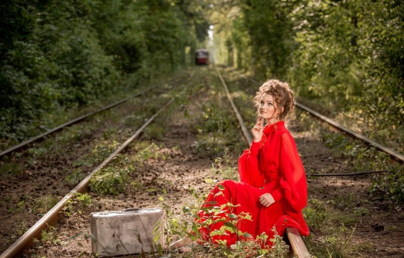 Woman in Red Dress — Serene, Afternoon, Photograph, Suitcase