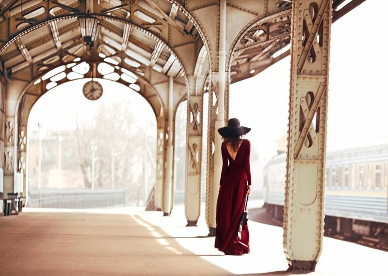Woman in Red Dress — Serene, Afternoon, Photograph, Train Station