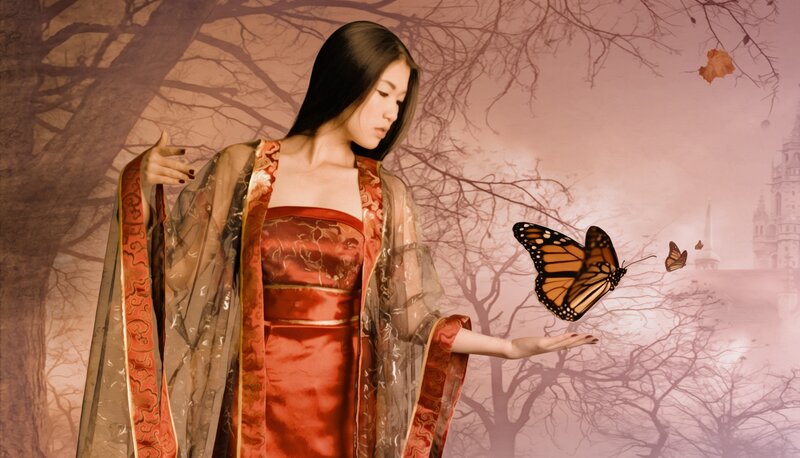 Woman in Red Dress — Serene, Autumn, Digital Art, Butterfly