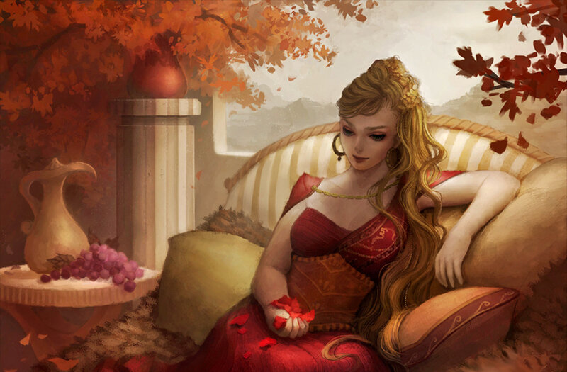 Woman in Red Dress — Serene, Autumn, Digital Art, Grapes