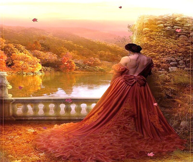 Woman in Red Dress — Serene, Autumn, Digital Art, Lake