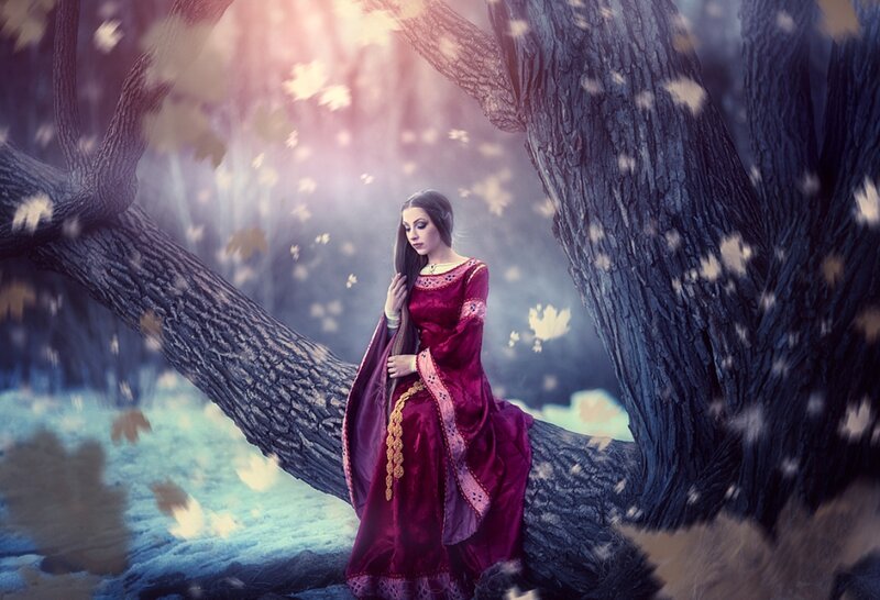 Woman in Red Dress — Serene, Autumn, Digital Art, Tree, Leaves