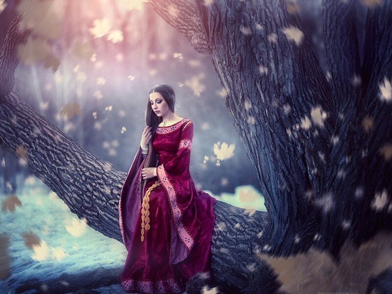 Woman in Red Dress — Serene, Autumn, Digital Art, Tree