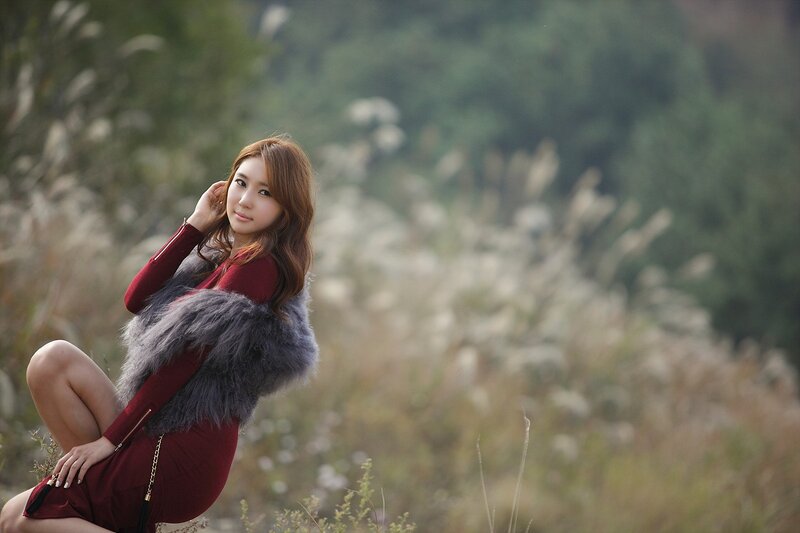 Woman in Red Dress — Serene, Autumn, Photograph, Fur Vest