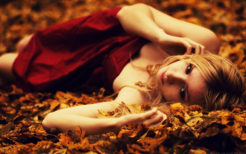 Woman in Red Dress — Serene, Autumn, Photograph, Leaves