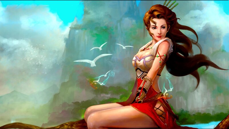 Woman in Red Dress — Serene, Digital Art, Birds