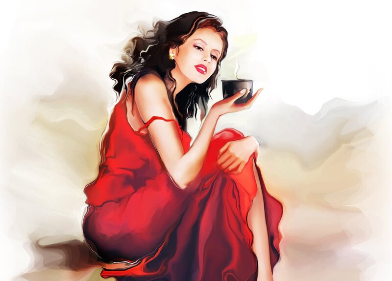 Woman in Red Dress — Serene, Digital Art, Cup