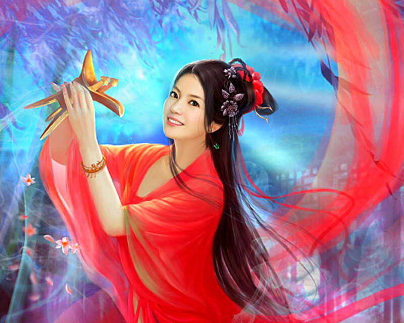 Woman in Red Dress — Serene, Digital Art, Flower