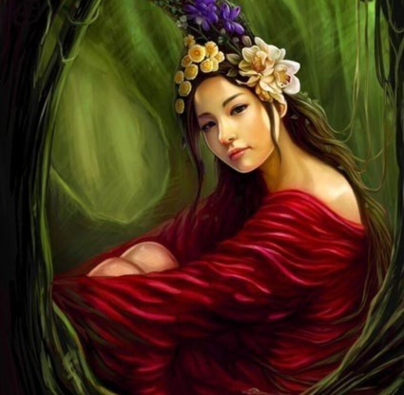 Woman in Red Dress — Serene, Digital Art, Flowers, Green Background