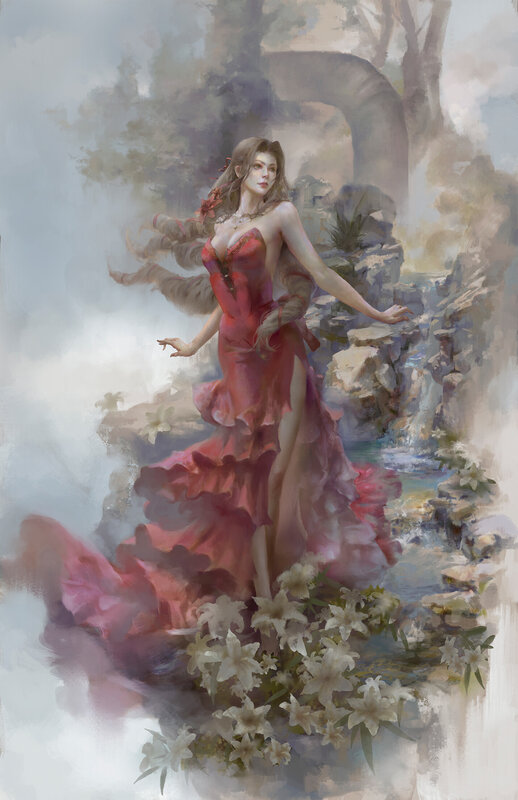 Woman in Red Dress — Serene, Digital Art, Flowers, Stream