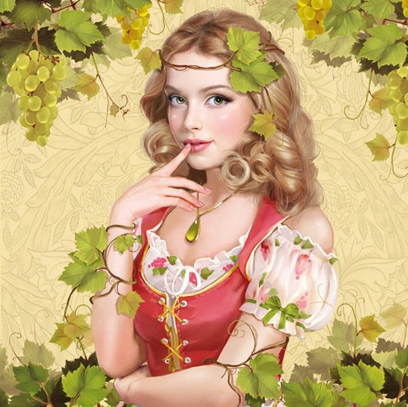 Woman in Red Dress — Serene, Digital Art, Grapes