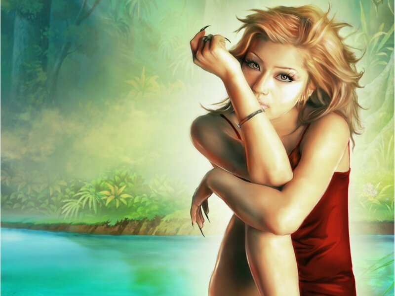 Woman in Red Dress — Serene, Digital Art, Jungle, River