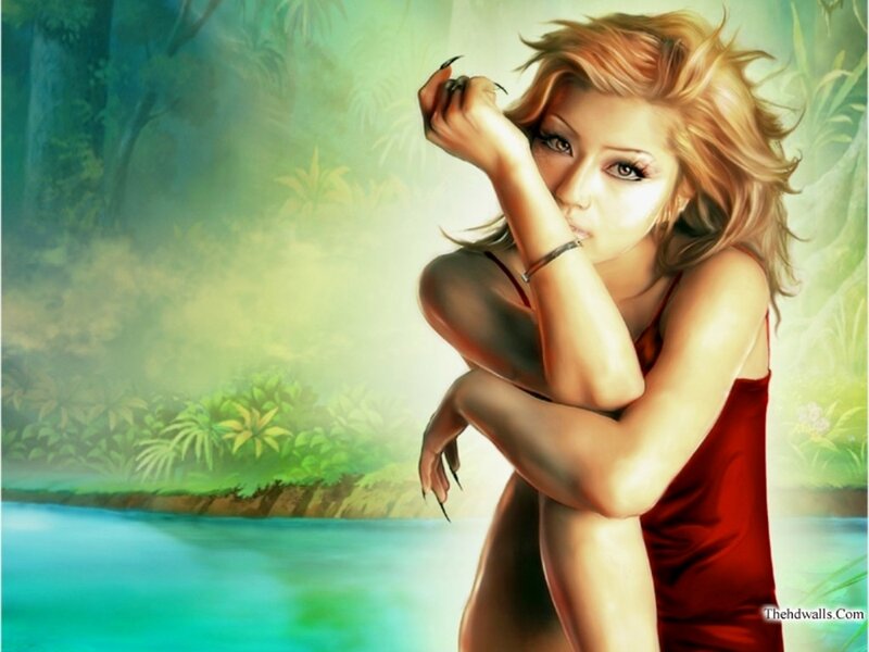 Woman in Red Dress — Serene, Digital Art, Jungle