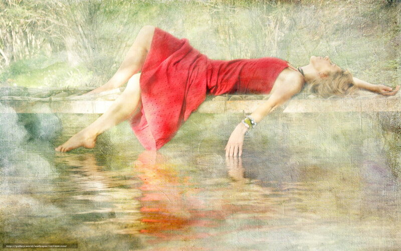Woman in Red Dress — Serene, Digital Art, Water