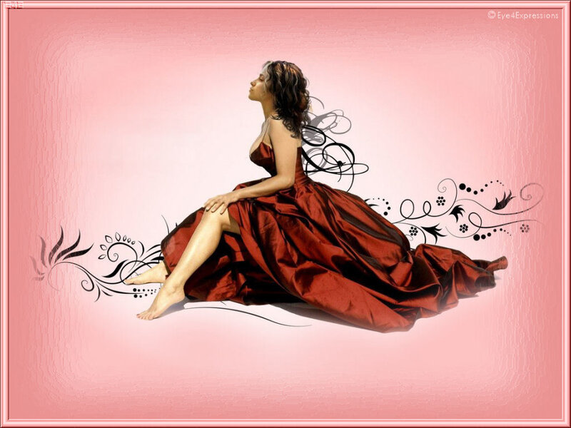 Woman in Red Dress — Serene, Illustration, Floral Patterns