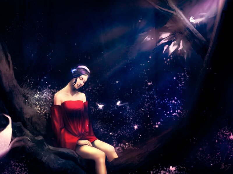 Woman in Red Dress — Serene, Night, Digital Art, Fireflies