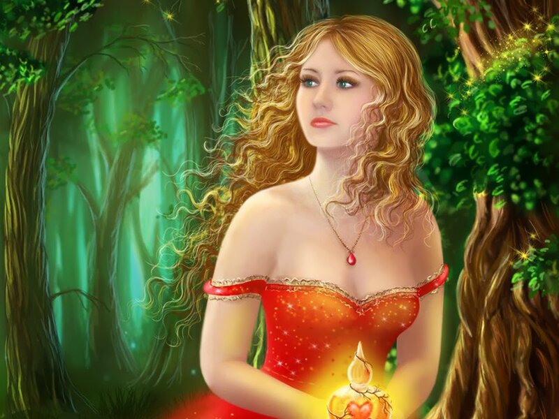 Woman in Red Dress — Serene, Night, Digital Art, Forest