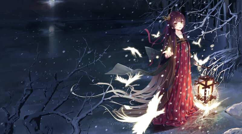 Woman in Red Dress — Serene, Night, Digital Art, Lantern