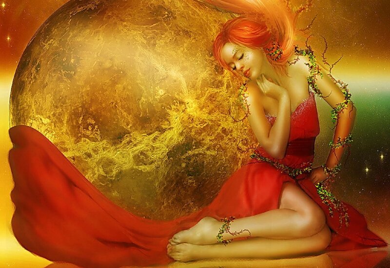 Woman in Red Dress — Serene, Night, Digital Art, Moon