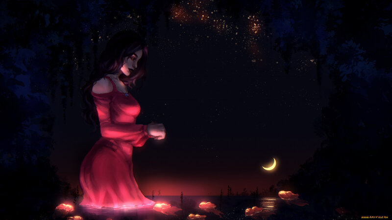 Woman in Red Dress — Serene, Night, Digital Art, Moon, Trees