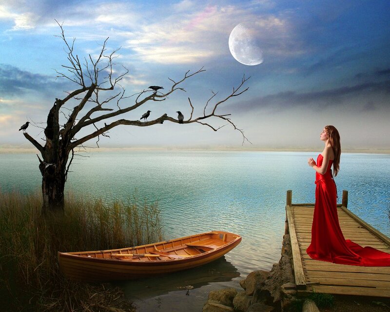 Woman in Red Dress — Serene, Night, Digital Art, Tree, Boat