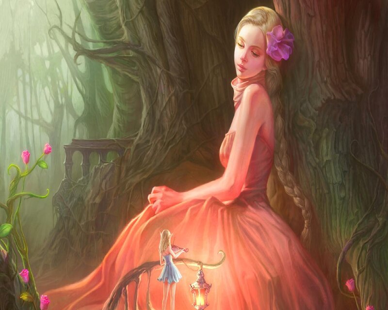Woman in Red Dress — Serene, Night, Digital Art, Tree