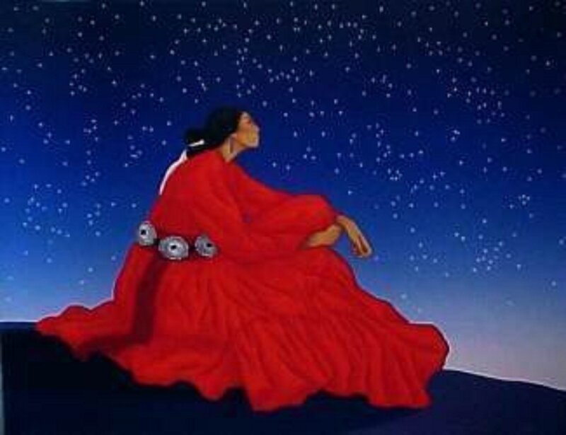 Woman in Red Dress — Serene, Night, Painting