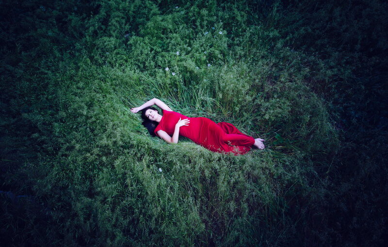Woman in Red Dress — Serene, Night, Photograph, Grass