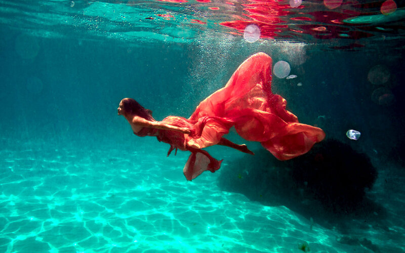 Woman in Red Dress — Serene, Photograph, Bubbles