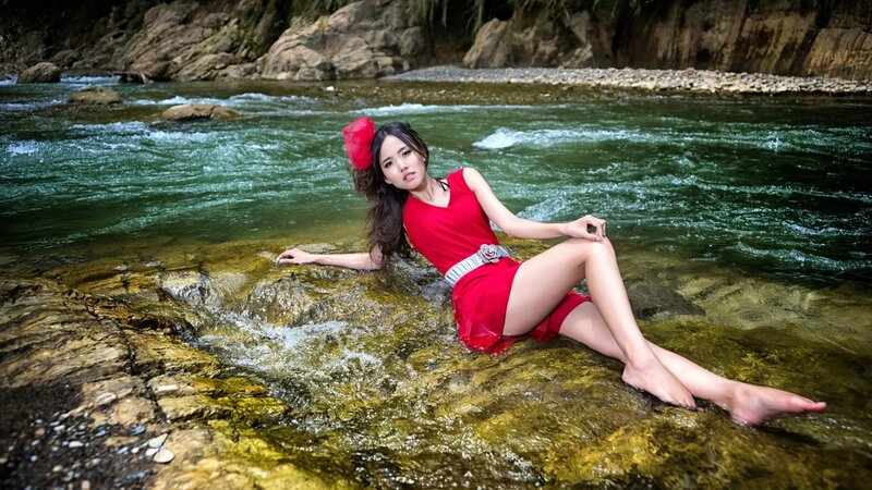 Woman in Red Dress — Serene, Photograph, River