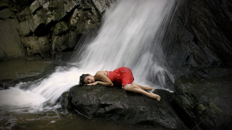 Woman in Red Dress — Serene, Photograph, Waterfall