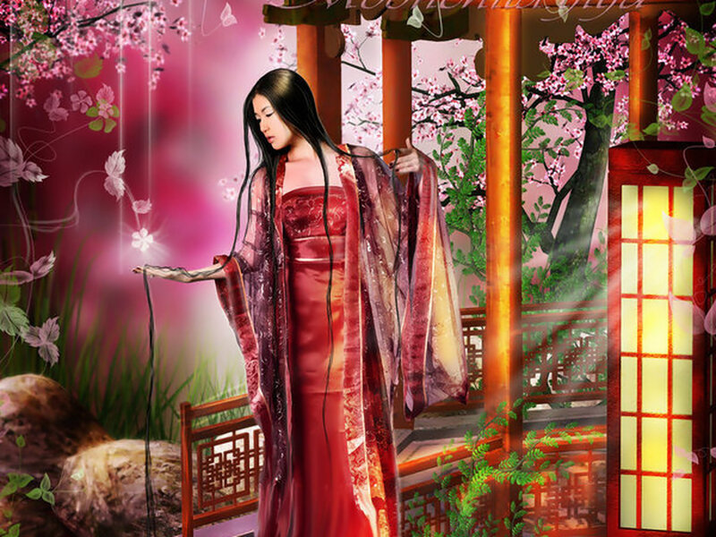 Woman in Red Dress — Serene, Spring, Digital Art, Cherry Blossoms