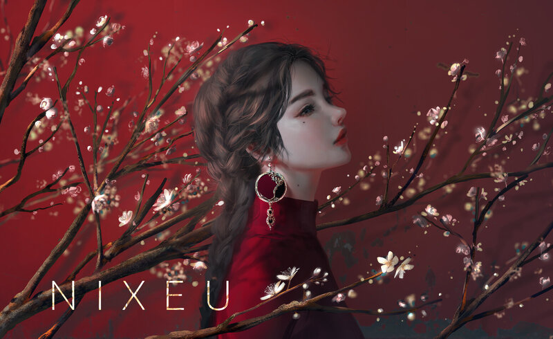 Woman in Red Dress — Serene, Spring, Digital Art, Flowering Branches