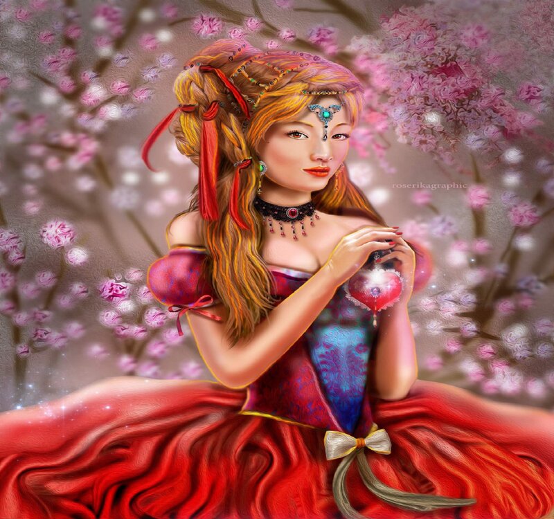 Woman in Red Dress — Serene, Spring, Digital Art, Flowers, Jewelry