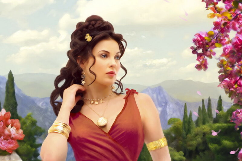 Woman in Red Dress — Serene, Spring, Digital Art, Flowers