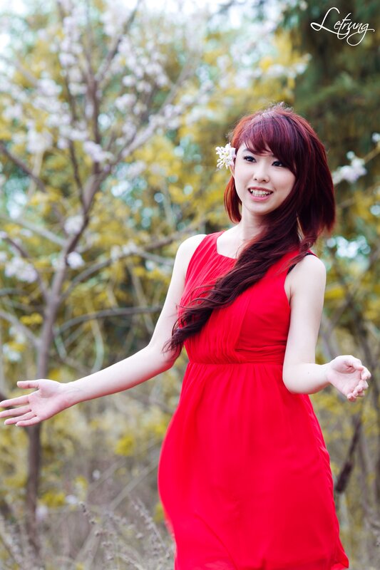Woman in Red Dress — Serene, Spring, Photograph, Flower, Trees