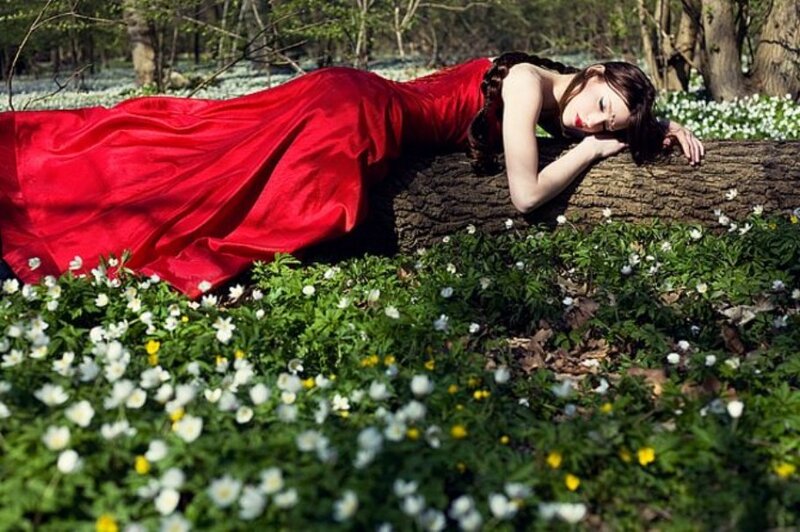 Woman in Red Dress — Serene, Spring, Photograph