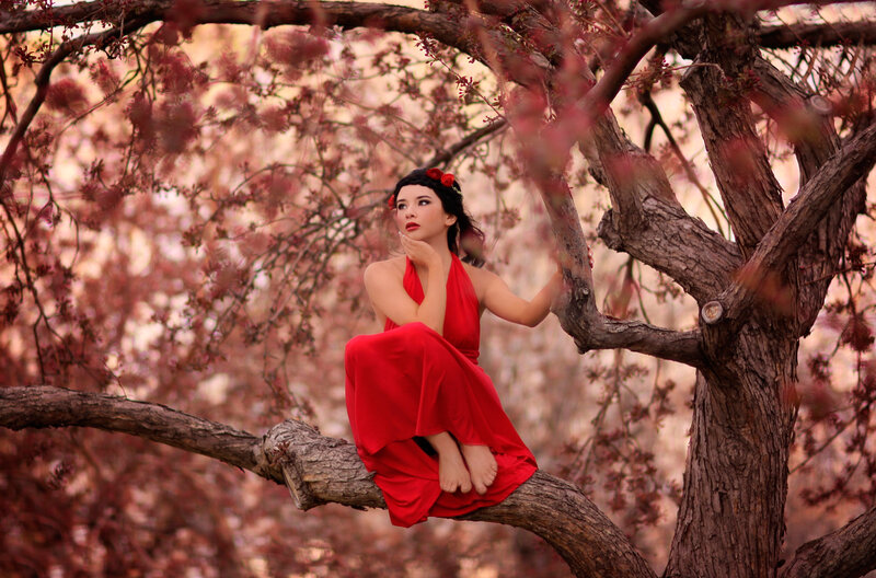 Woman in Red Dress — Serene, Spring, Photograph, Tree