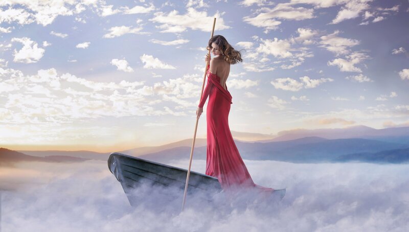 Woman in Red Dress — Serene, Sunrise, Digital Art
