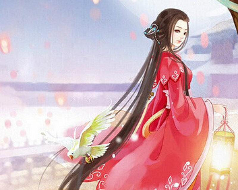 Woman in Red Dress — Serene, Sunset, Digital Art, Bird, Lantern