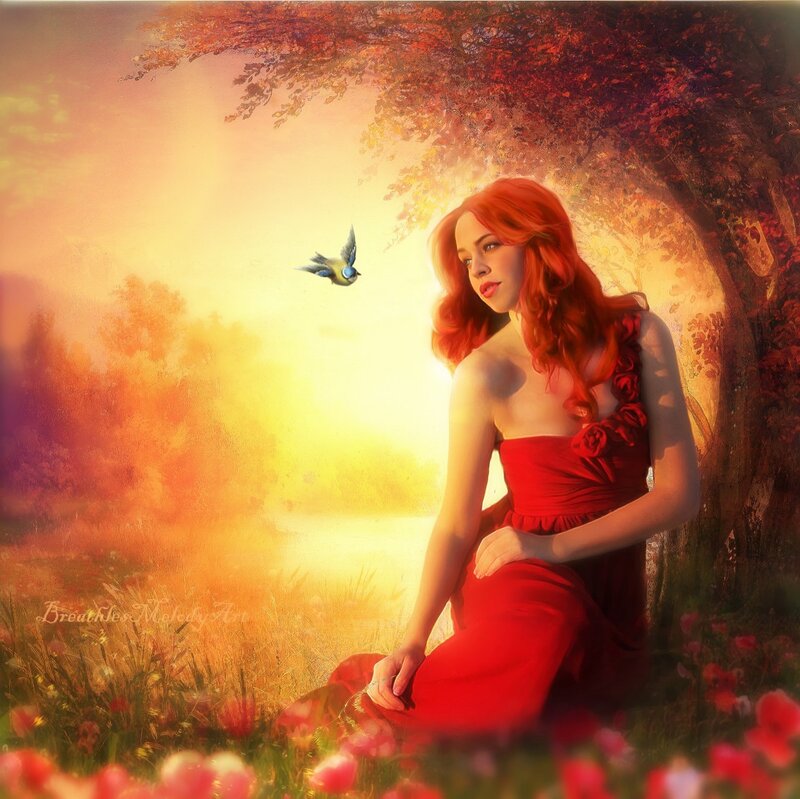 Woman in Red Dress — Serene, Sunset, Digital Art, Bird