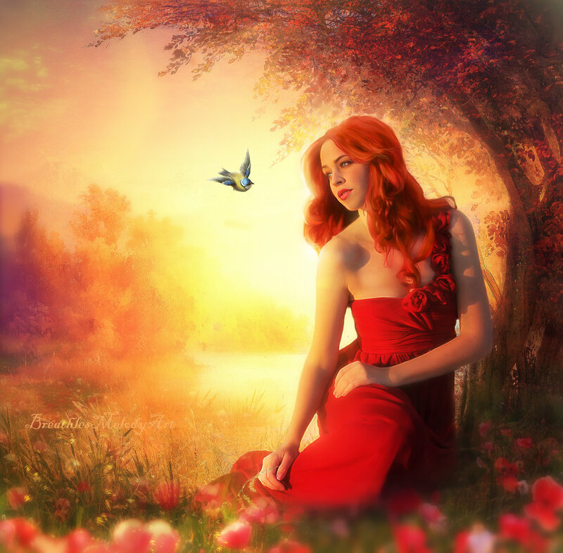 Woman in Red Dress — Serene, Sunset, Digital Art, Bird, Tree
