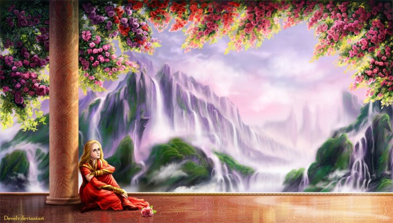 Woman in Red Dress — Serene, Sunset, Digital Art, Column