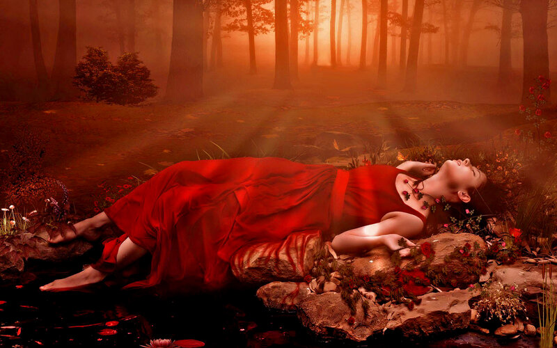 Woman in Red Dress — Serene, Sunset, Digital Art, Forest