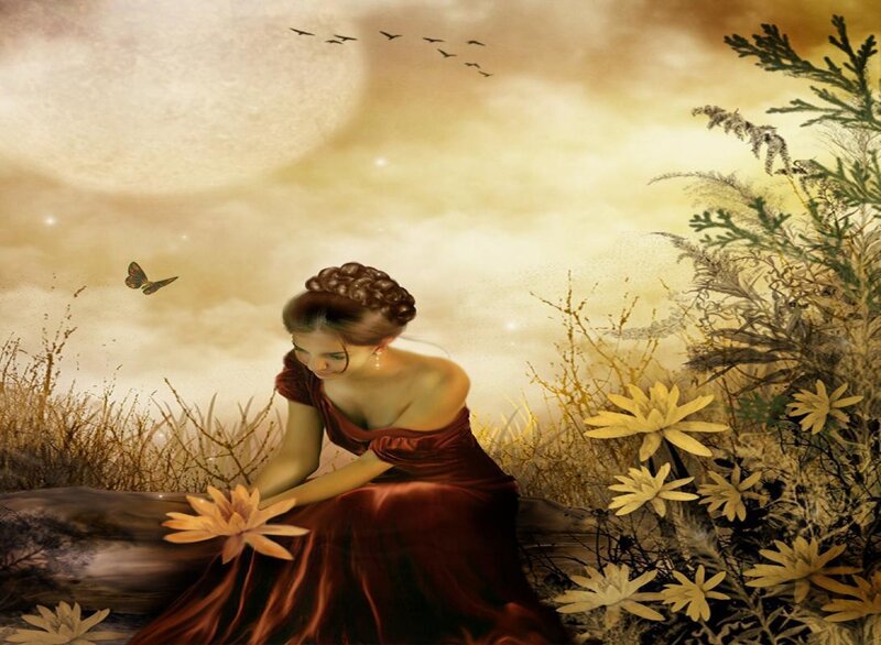 Woman in Red Dress — Serene, Sunset, Digital Art
