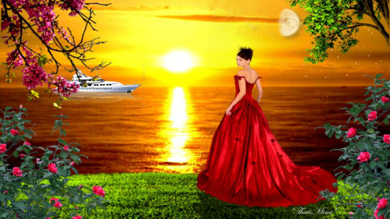 Woman in Red Dress — Serene, Sunset, Digital Art, Yacht