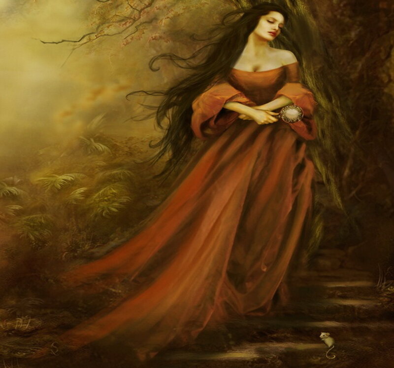 Woman in Red Dress — Serene, Sunset, Painting