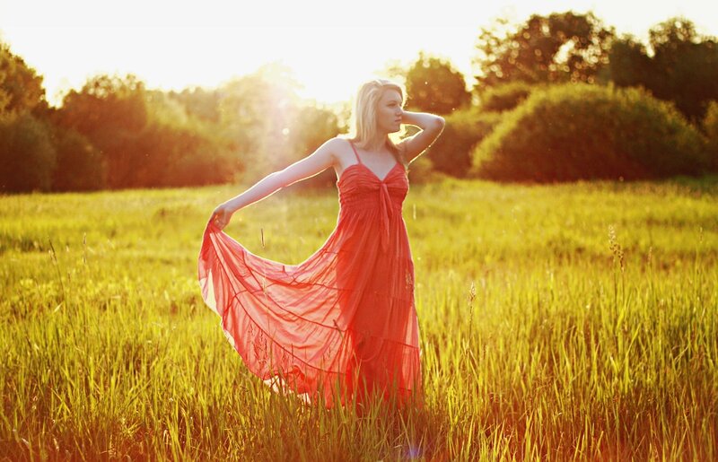 Woman in Red Dress — Serene, Sunset, Photograph, Field